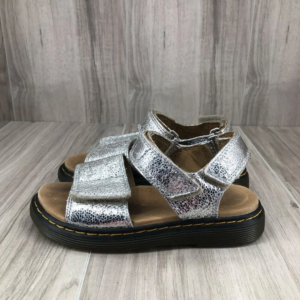 Dr Martens Sandals Kids 13 Romi J Silver Crinkle Metallic Leather Hook and Loop